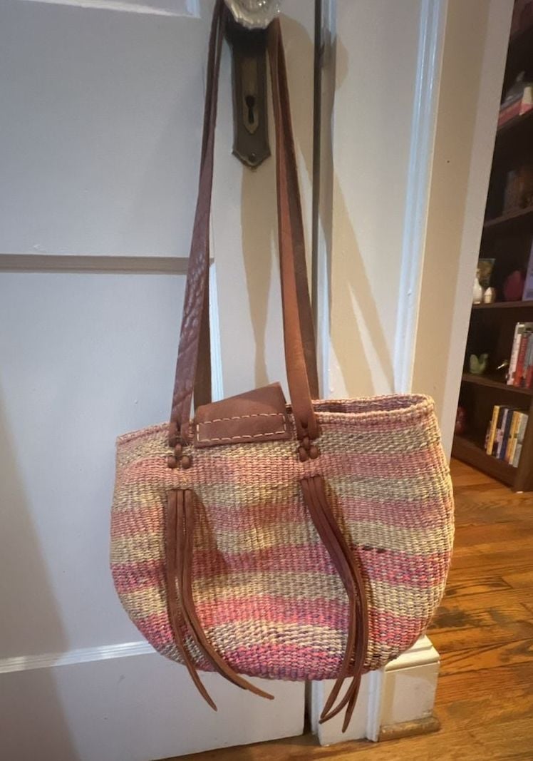 Vintage Woven Sisal & Leather Striped Tote Bag 4