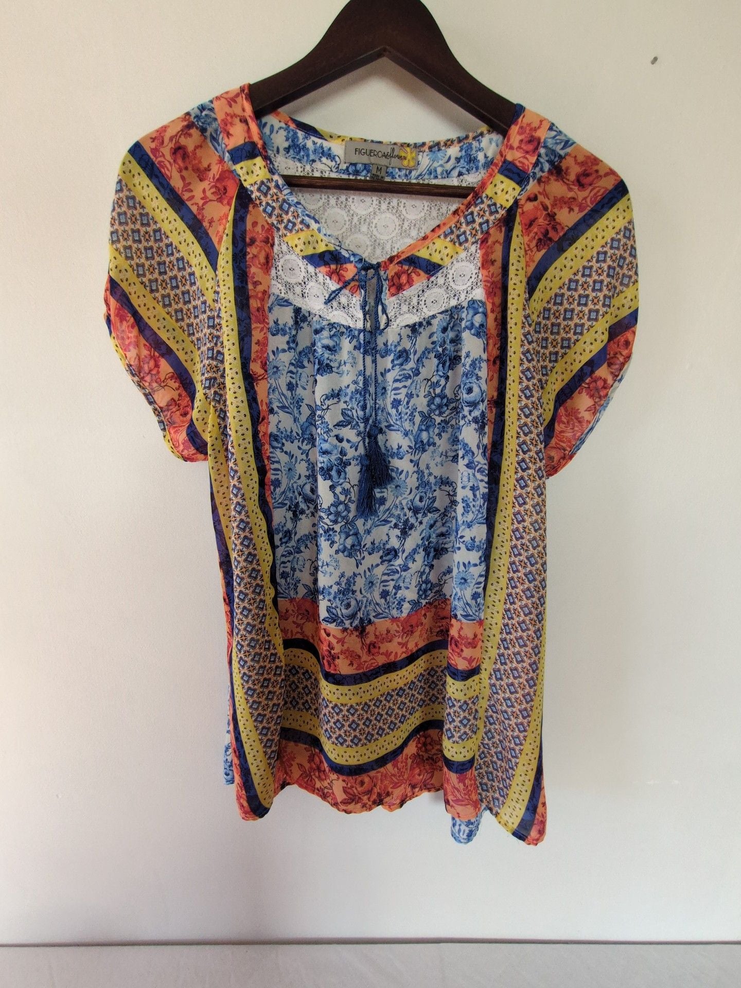 FIGUEROA&FLOWER Blouse Size M Multicolor Floral Patchwork Lace Tie 2