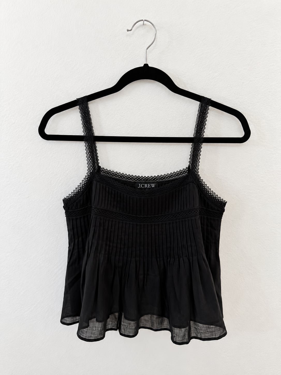 J.Crew Pintuck Tank Top Size S Black Lace Trim Ramie 3