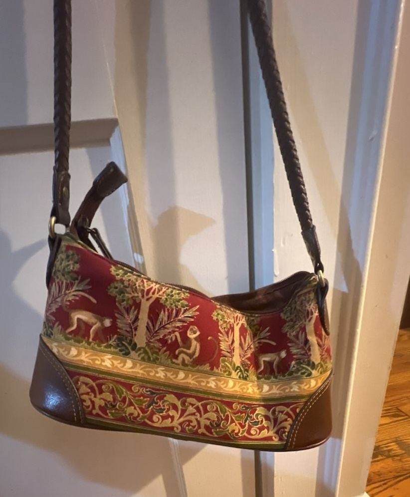 Vintage Tapestry Monkey Print Shoulder Bag Red Brown 2