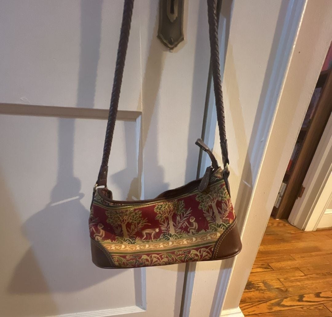 Vintage Tapestry Monkey Print Shoulder Bag Red Brown 3