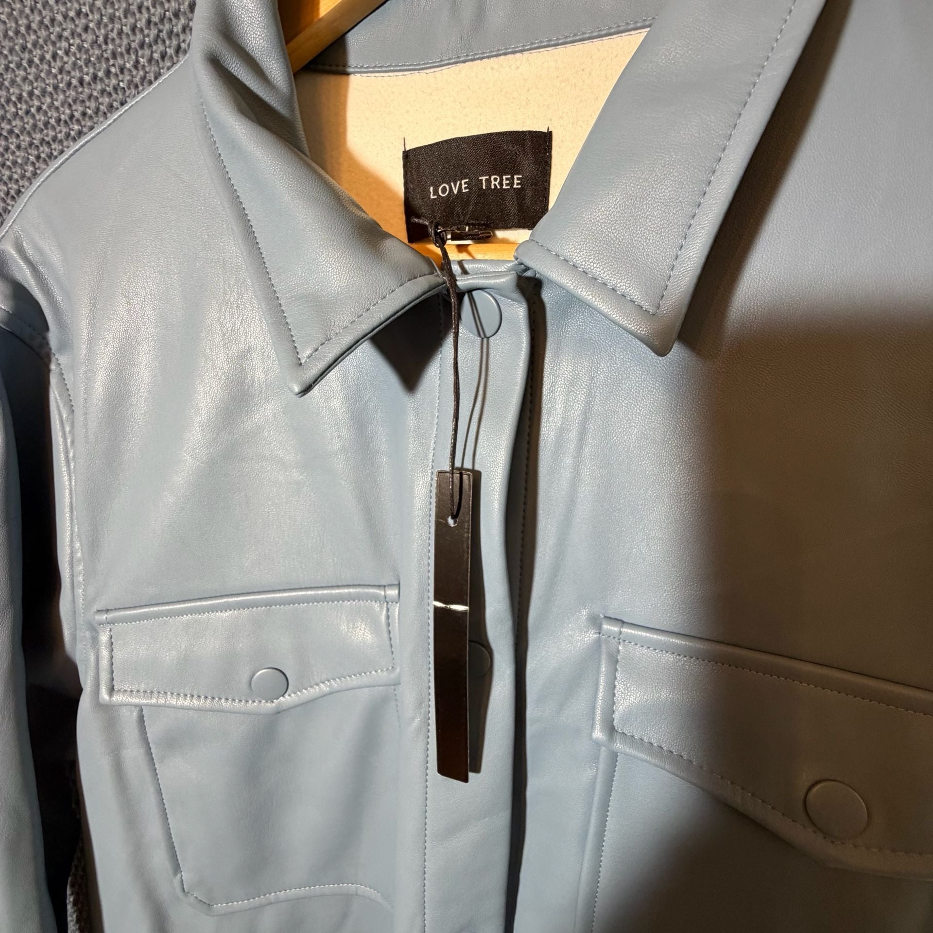 Love Tree Faux Leather Shirt Jacket Size L Blue Polyurethane 5