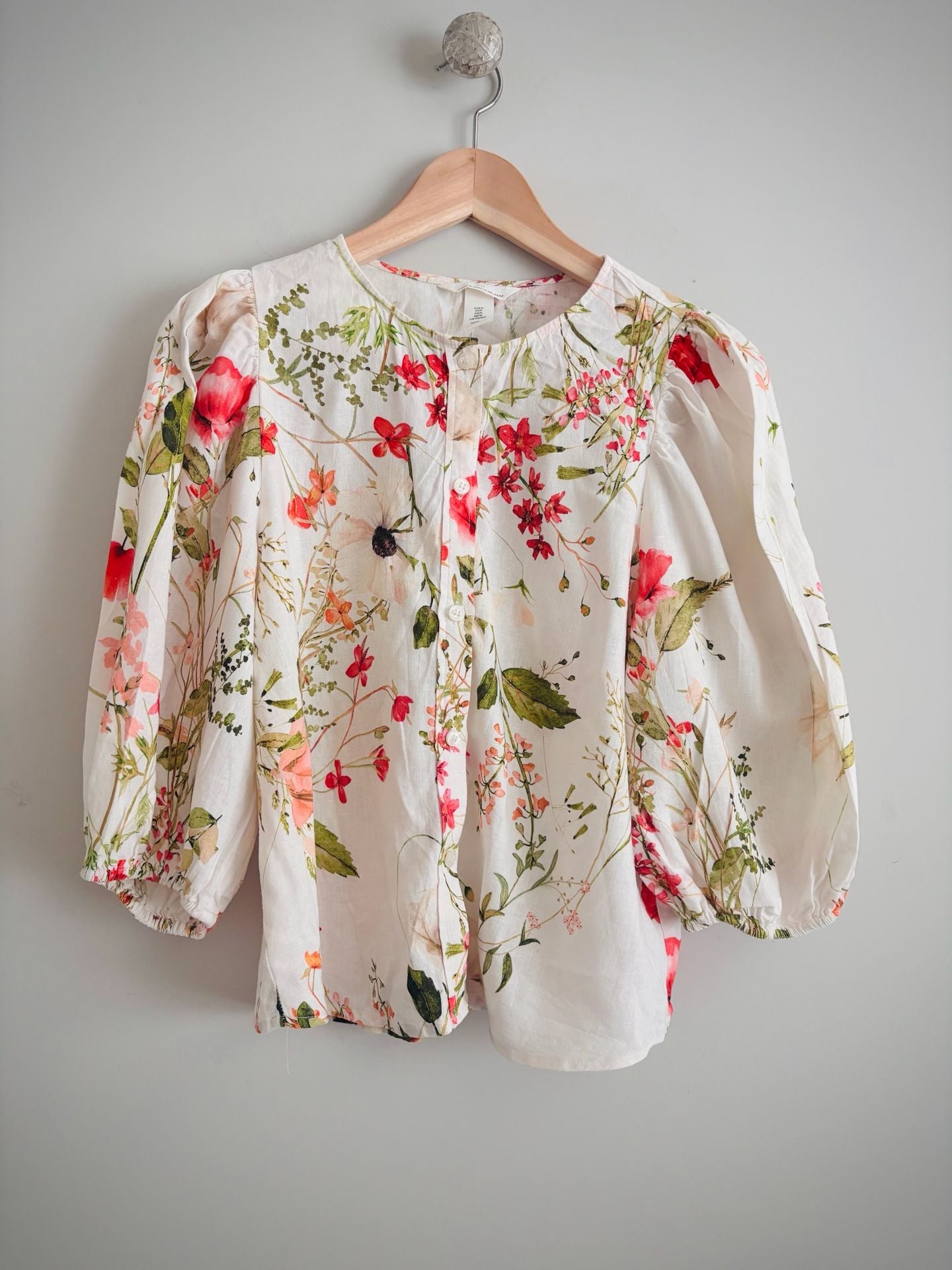 H&M Floral Blouse Size M Linen Blend Puff Sleeve Button Front Top 2
