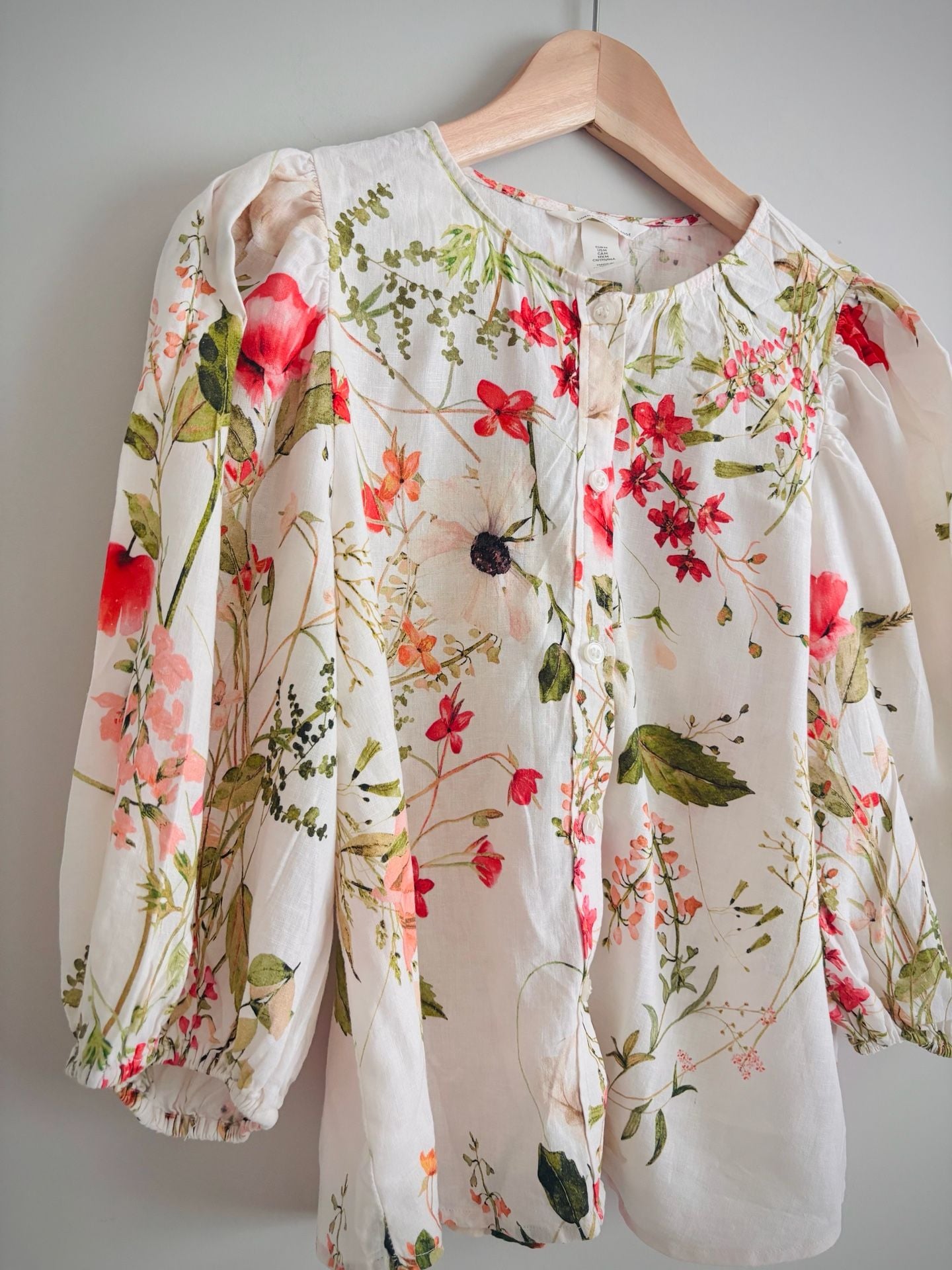 H&M Floral Blouse Size M Linen Blend Puff Sleeve Button Front Top 3