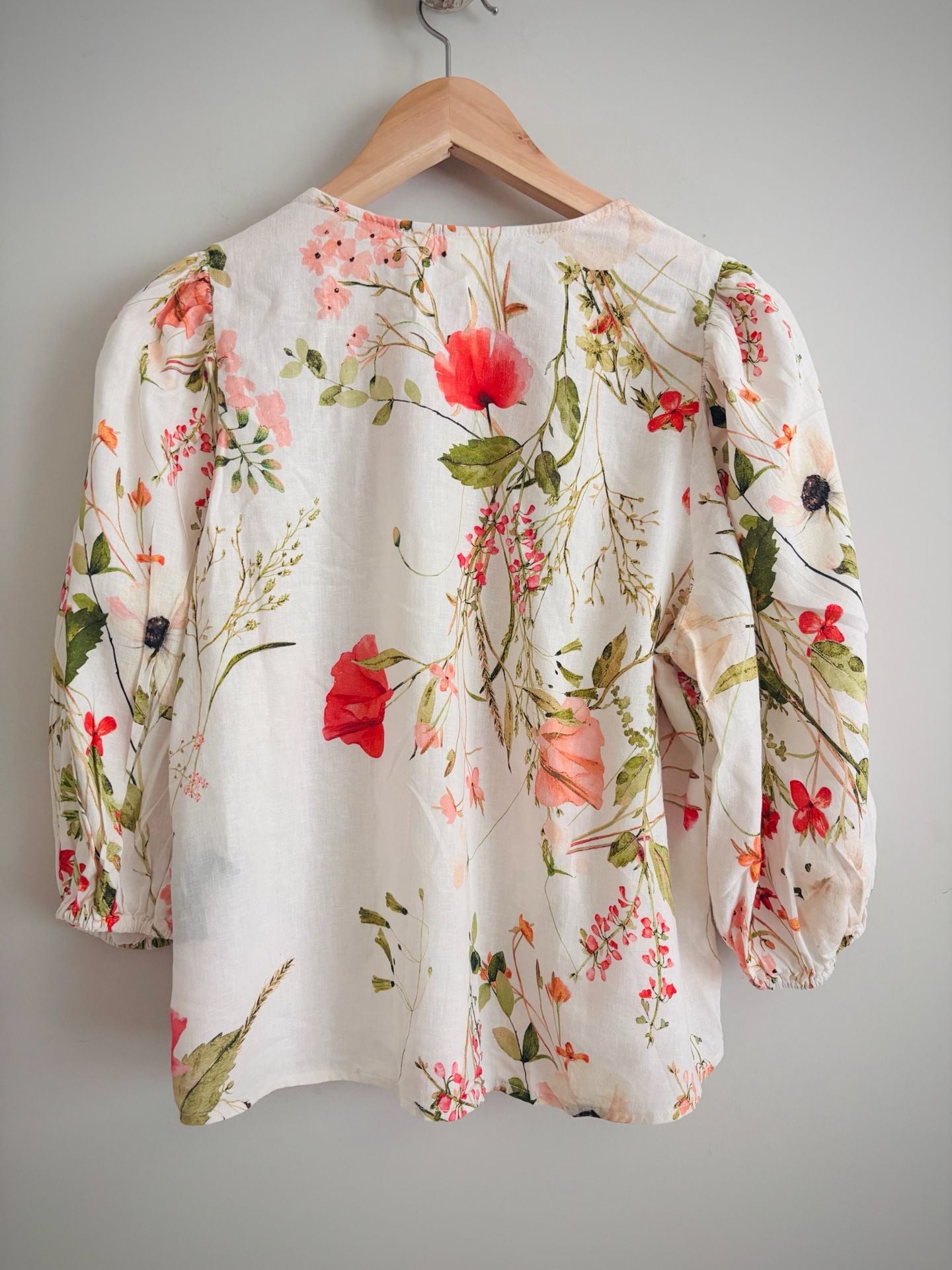 H&M Floral Blouse Size M Linen Blend Puff Sleeve Button Front Top 7