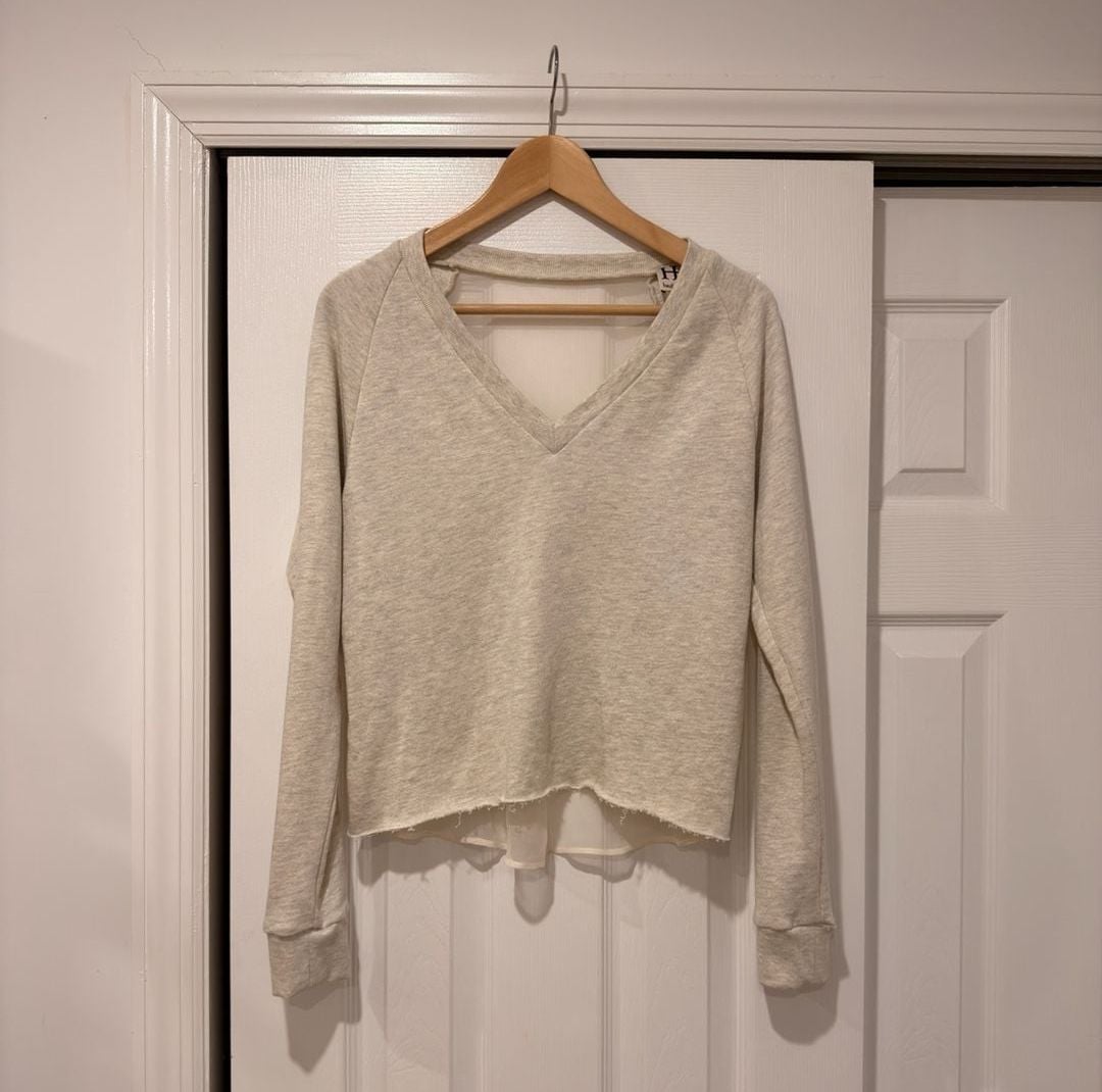 Haute Hippie V-Neck Sweatshirt Size XS Sheer Back Panel Raw Hem 2