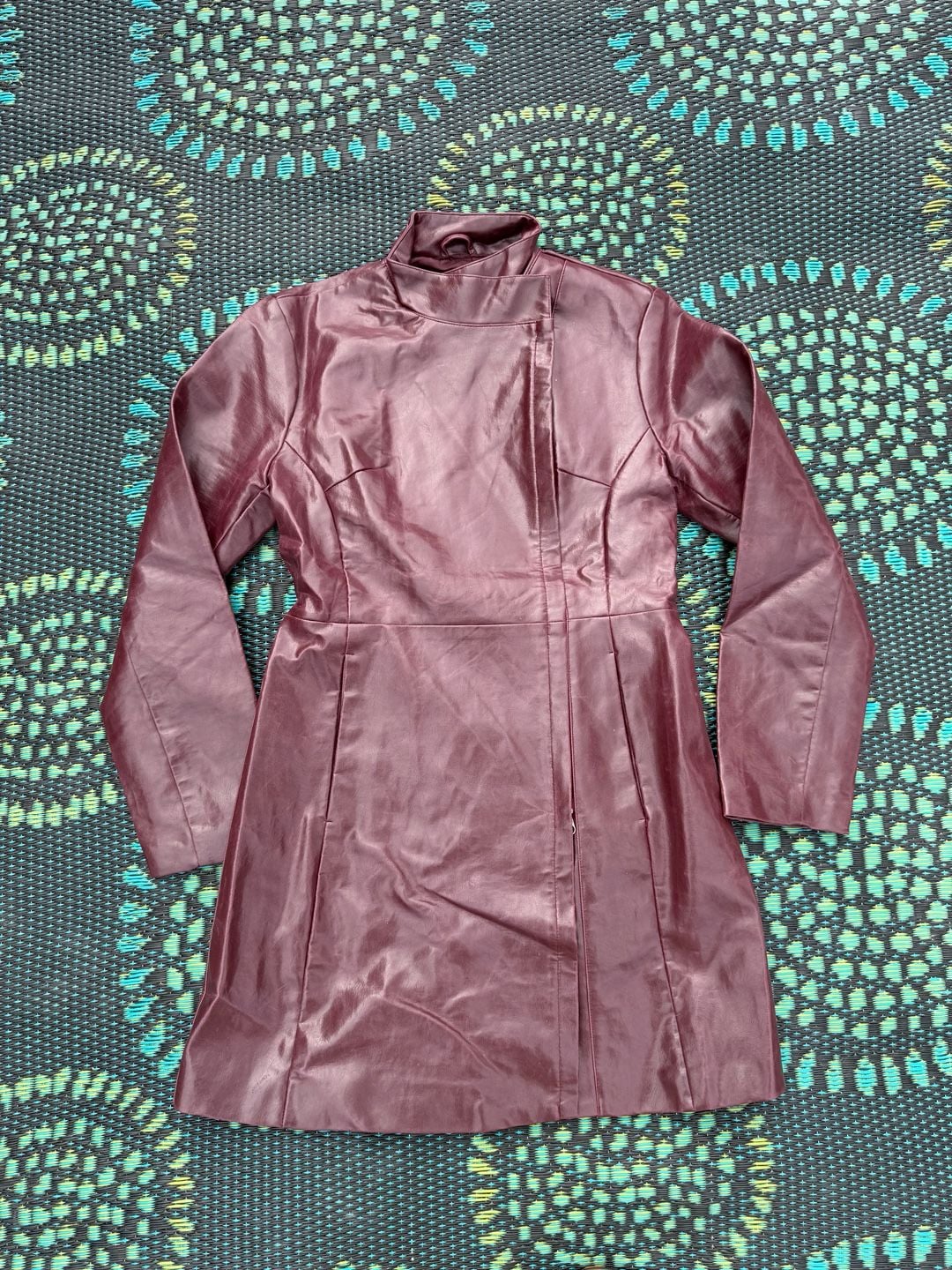 Jennyfer Faux Leather Long Jacket Size M Burgundy Asymmetrical Zip Coat 4