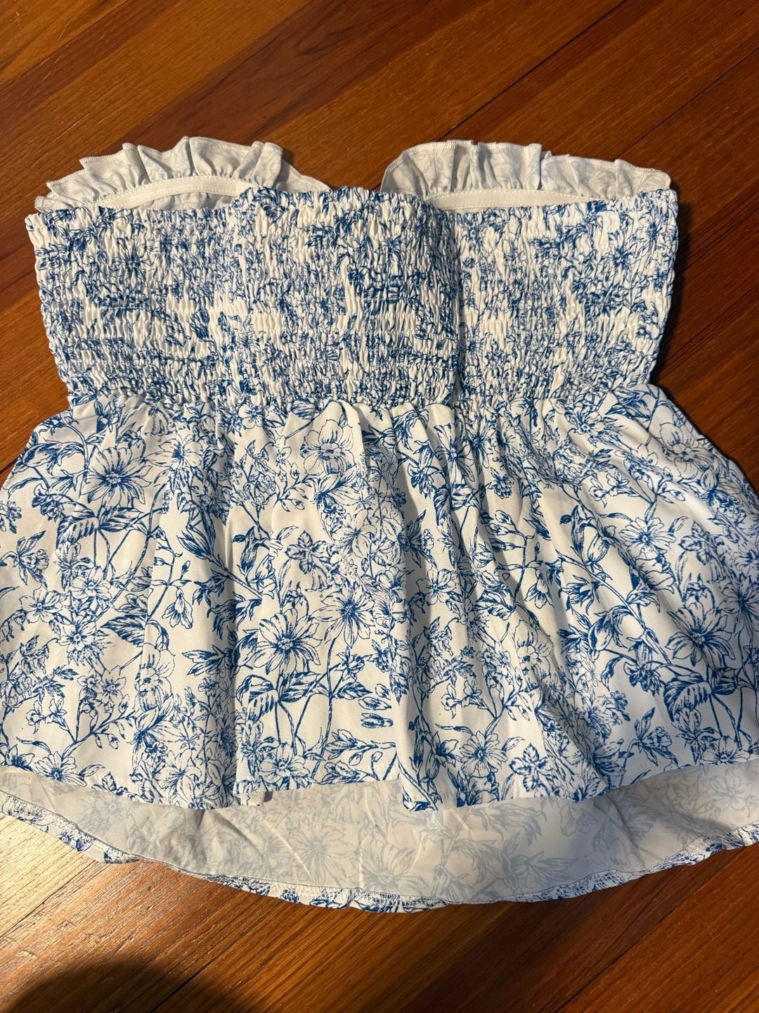 Shein Floral Print Smocked Tube Top Size L Blue White 1