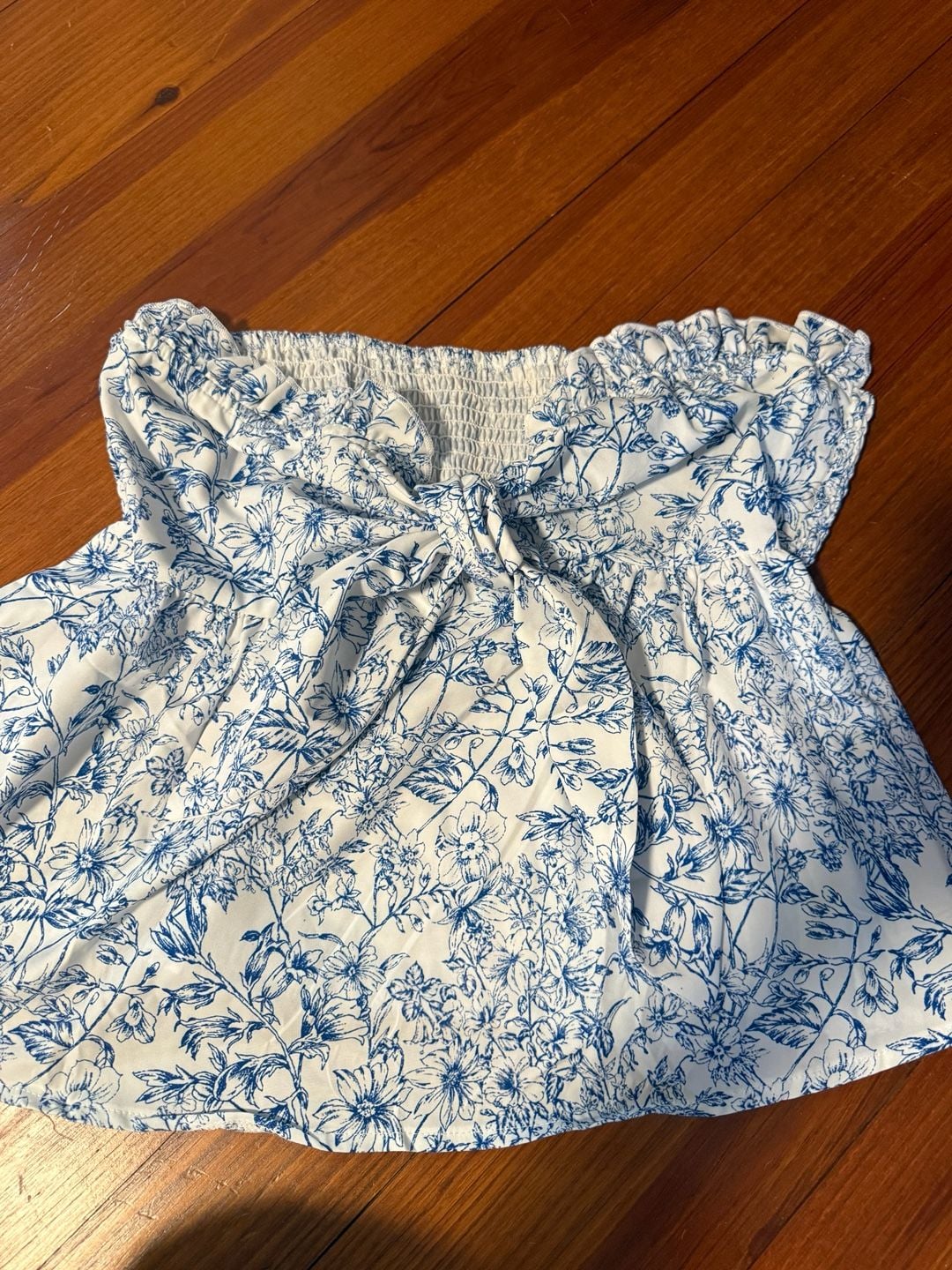 Shein Floral Print Smocked Tube Top Size L Blue White 2