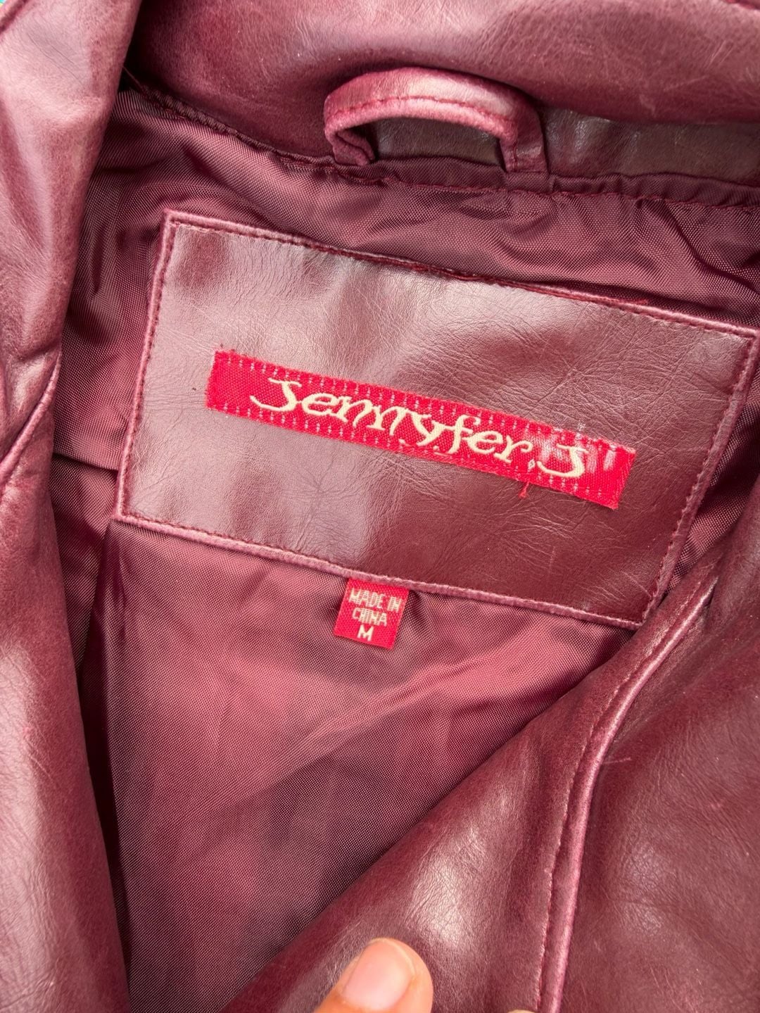 Jennyfer Faux Leather Long Jacket Size M Burgundy Asymmetrical Zip Coat 3
