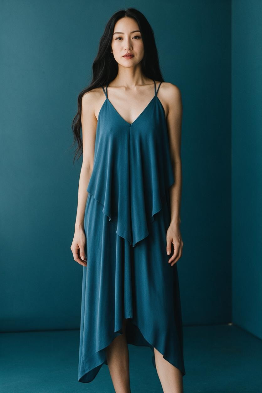 Halter V-Neck Draped Asymmetric Midi Dress Teal 2