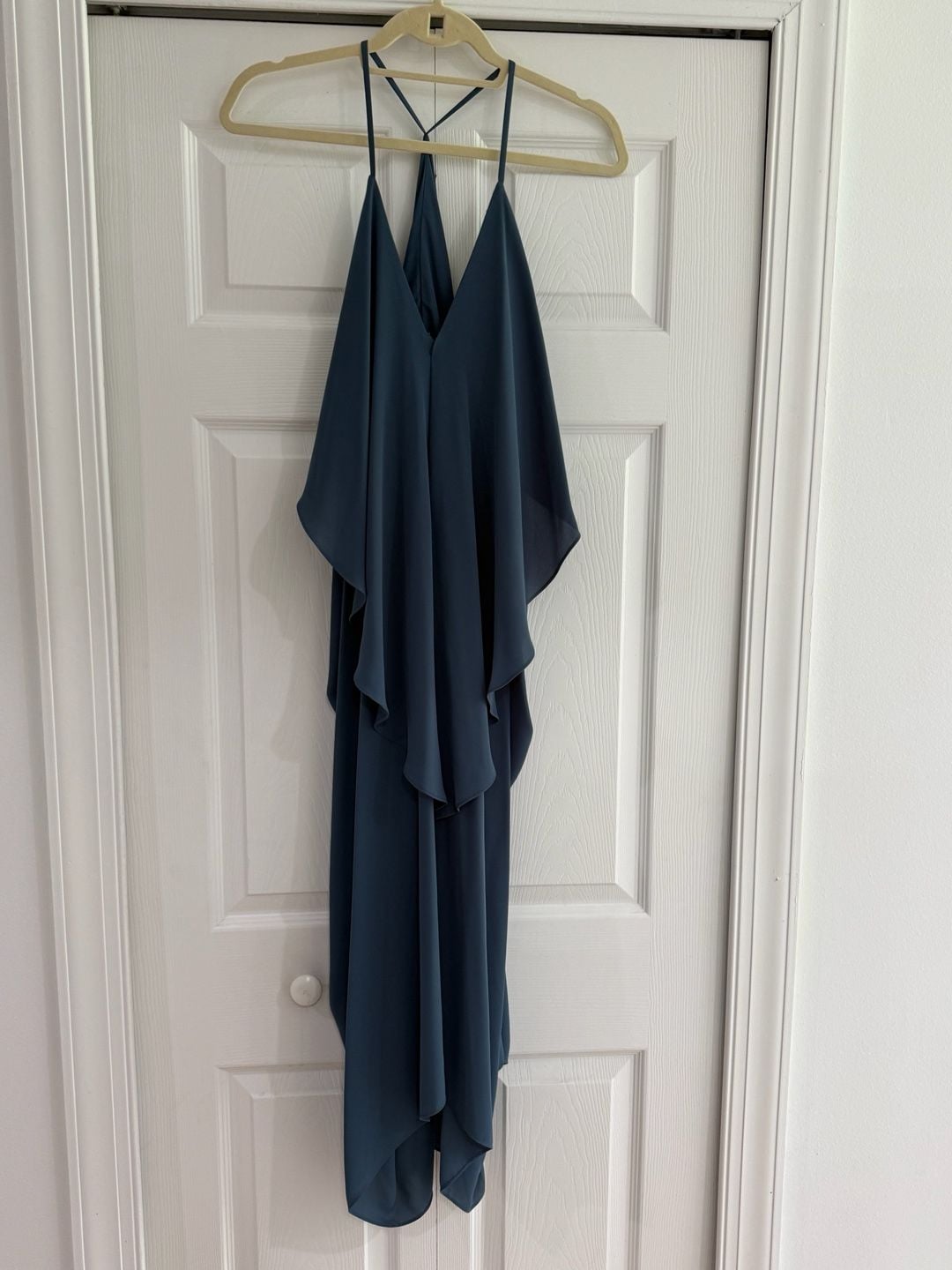 Halter V-Neck Draped Asymmetric Midi Dress Teal 3