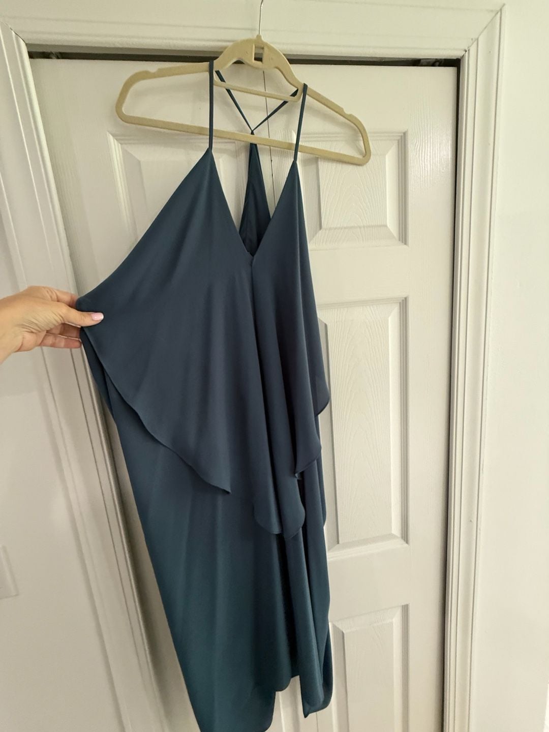 Halter V-Neck Draped Asymmetric Midi Dress Teal 4