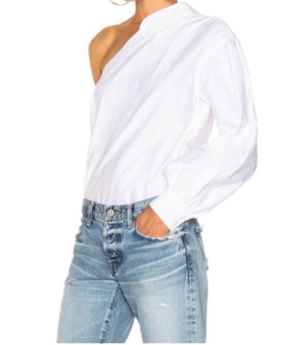 Jonathan Simkhai One-Shoulder Pinstripe Shirt Size S Blue White 2