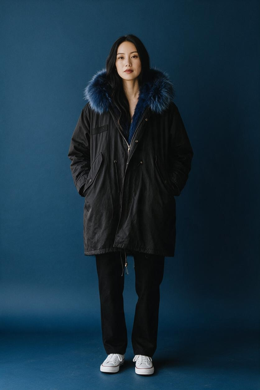 Fur Lined Parka Jacket Black Blue 2