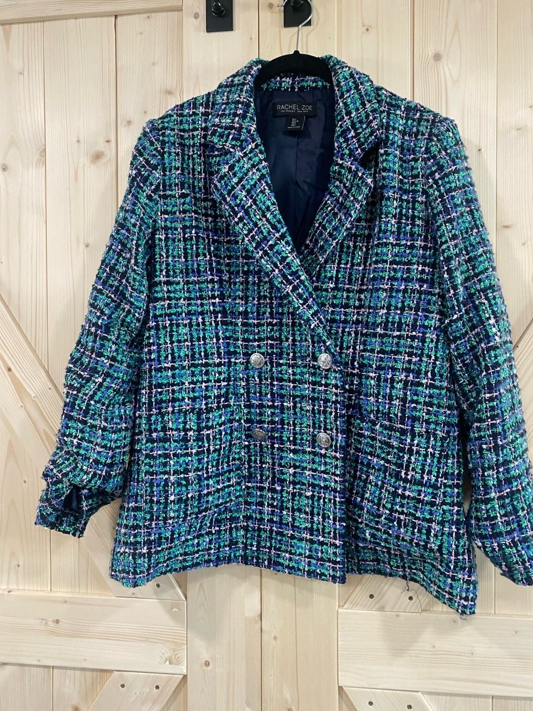Rachel Zoe Tweed Blazer Jacket Size L Blue Green Double Breasted 2