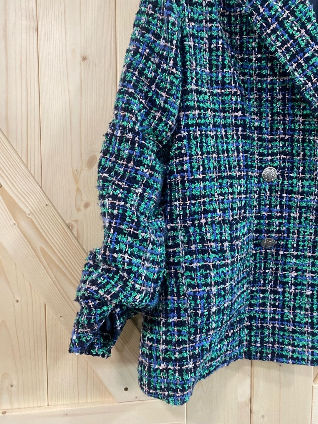 Rachel Zoe Tweed Blazer Jacket Size L Blue Green Double Breasted 3