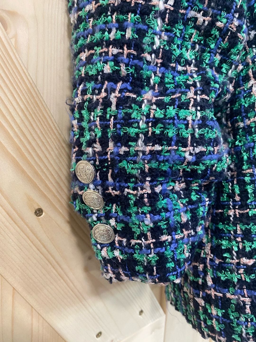 Rachel Zoe Tweed Blazer Jacket Size L Blue Green Double Breasted 4