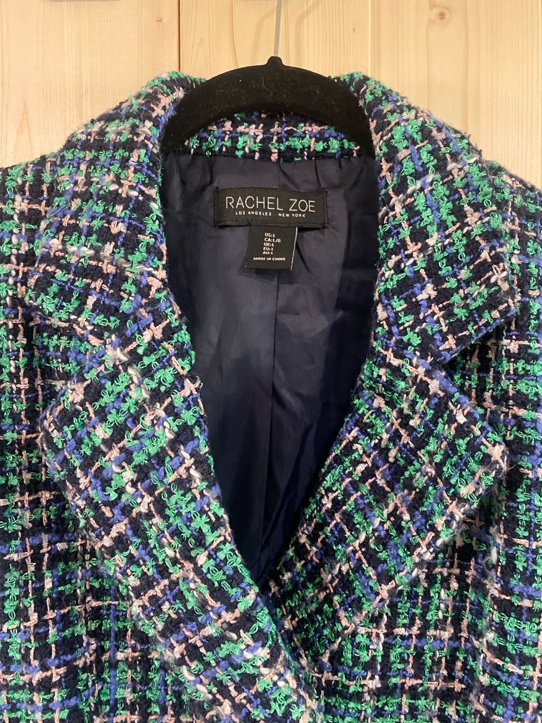 Rachel Zoe Tweed Blazer Jacket Size L Blue Green Double Breasted 6