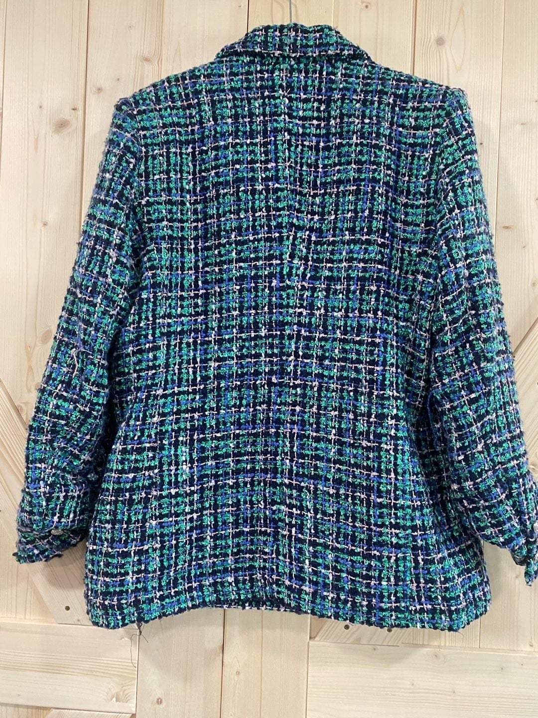 Rachel Zoe Tweed Blazer Jacket Size L Blue Green Double Breasted 8