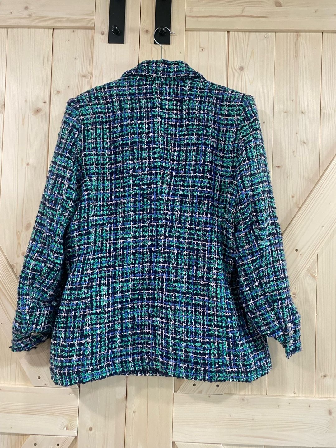 Rachel Zoe Tweed Blazer Jacket Size L Blue Green Double Breasted 9