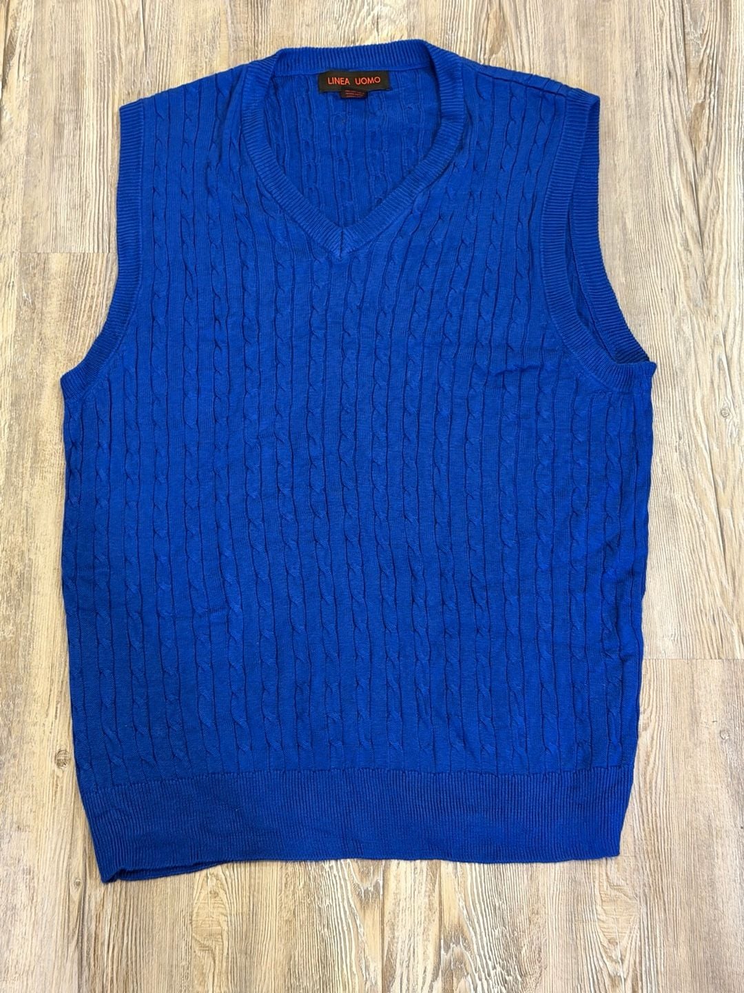 Linea Uomo V-Neck Cable Knit Sweater Vest Blue 2