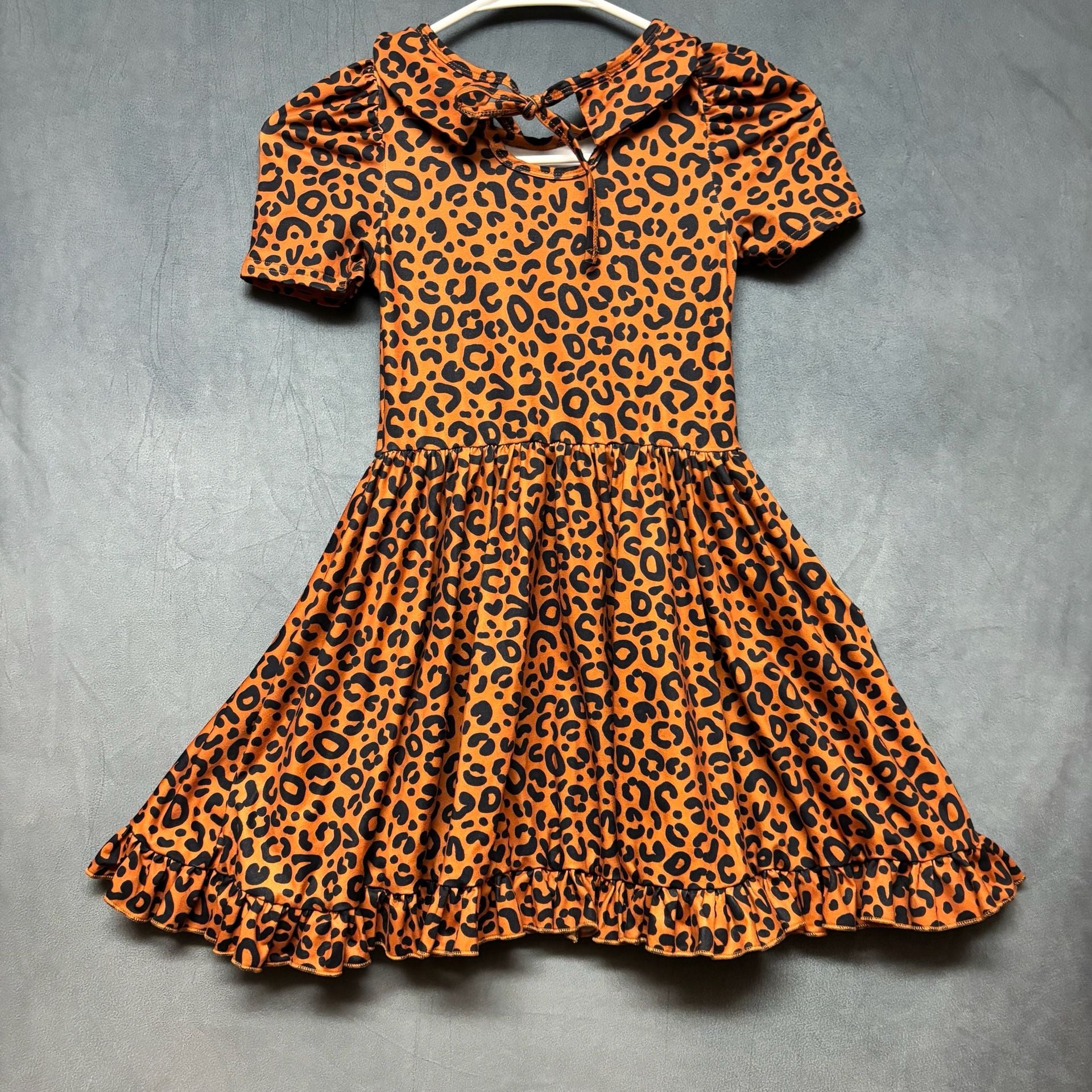 Girls' Brown Leopard Print Puff Sleeve Dress with Ruffle Hem, 8
