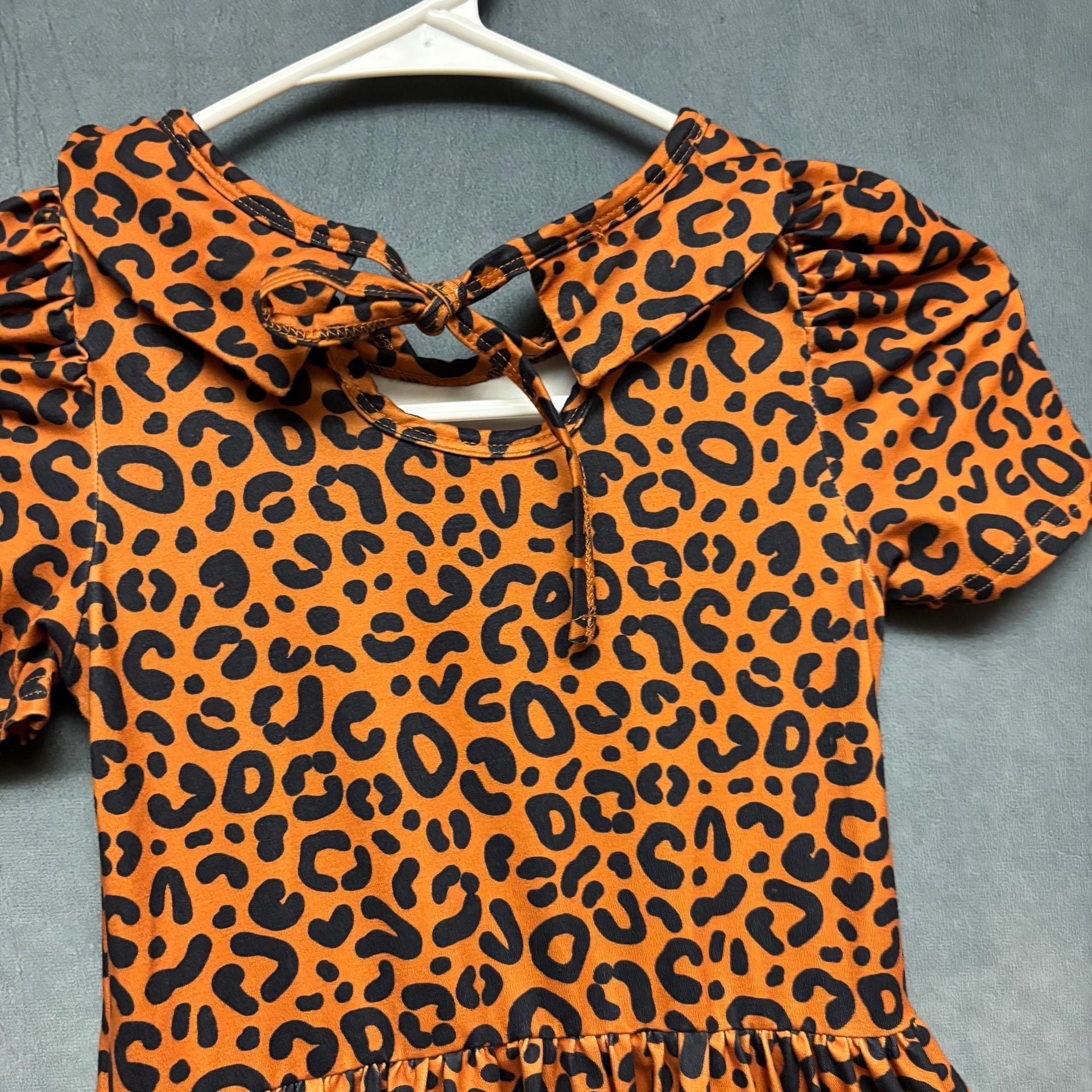 Girls' Brown Leopard Print Puff Sleeve Dress with Ruffle Hem, 9