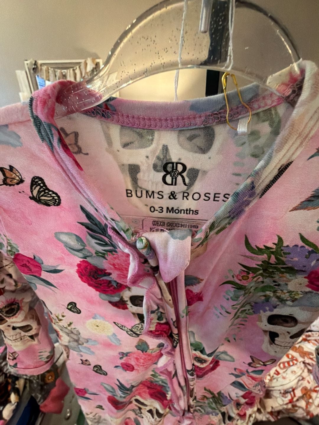 Bums & Roses Romper Size 0-3 Months Pink Floral Skull Ruffle 3
