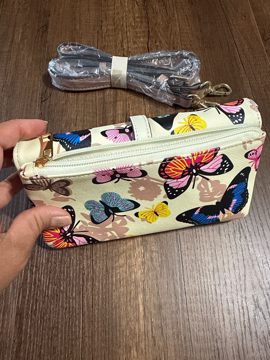 Generic Butterfly Print Clutch Wallet Crossbody Bag Cream Faux Leather 7