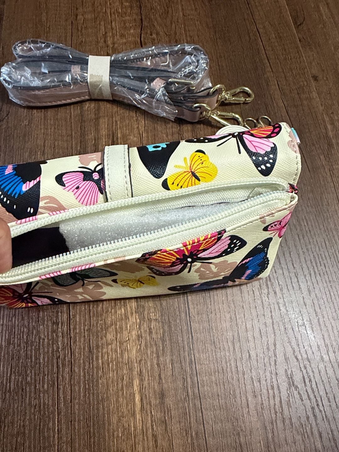 Generic Butterfly Print Clutch Wallet Crossbody Bag Cream Faux Leather 8