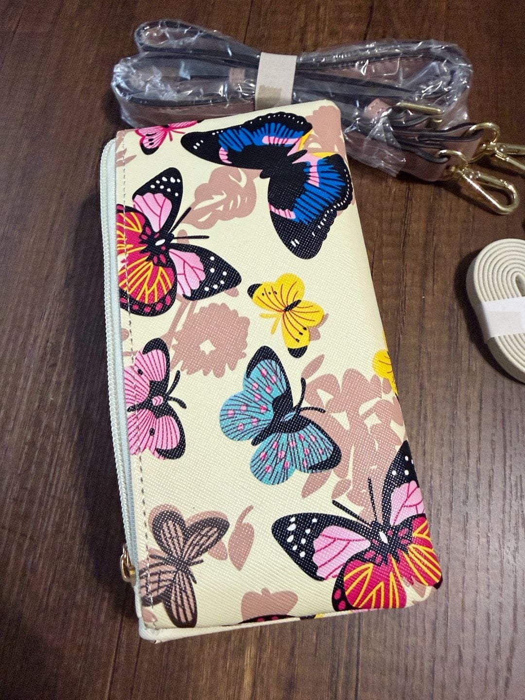 Generic Butterfly Print Clutch Wallet Crossbody Bag Cream Faux Leather 9