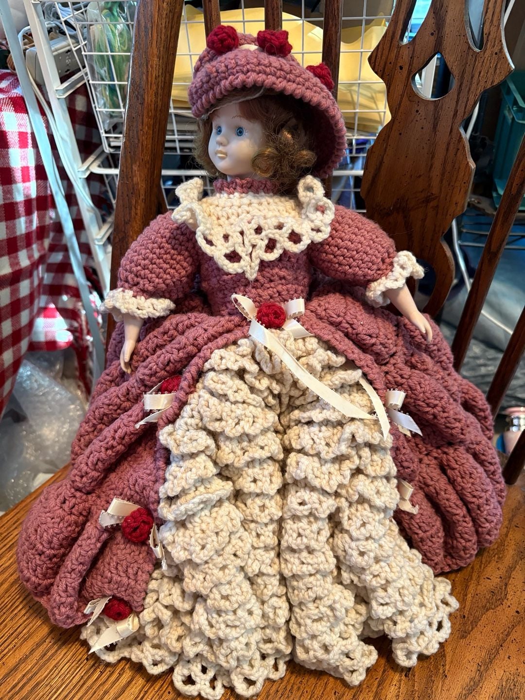 Vintage Porcelain Doll In Pink And Cream Crochet Dress And Hat 3