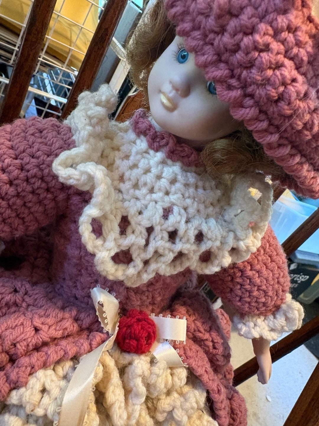 Vintage Porcelain Doll In Pink And Cream Crochet Dress And Hat 5