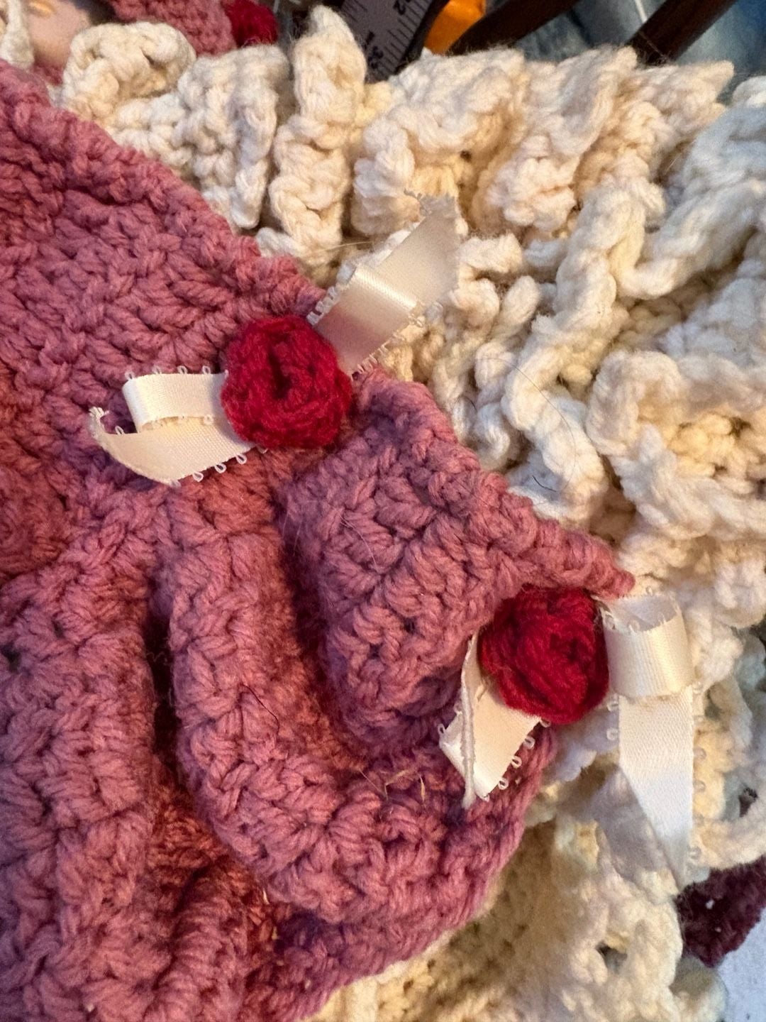 Vintage Porcelain Doll In Pink And Cream Crochet Dress And Hat 8