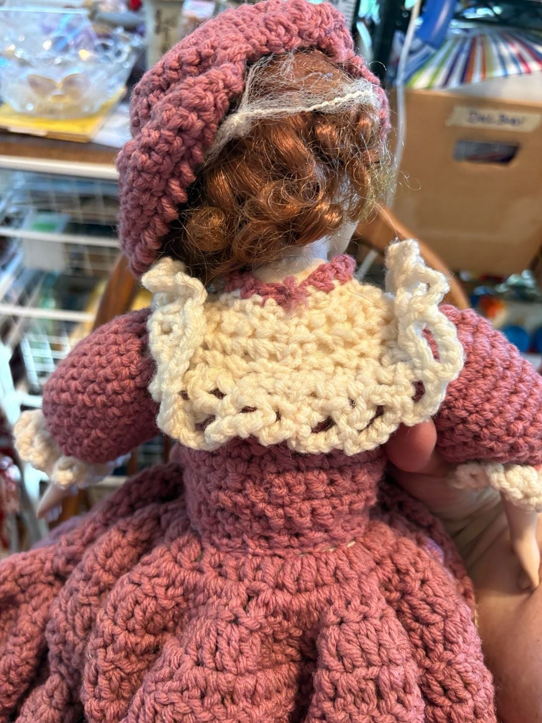 Vintage Porcelain Doll In Pink And Cream Crochet Dress And Hat 13