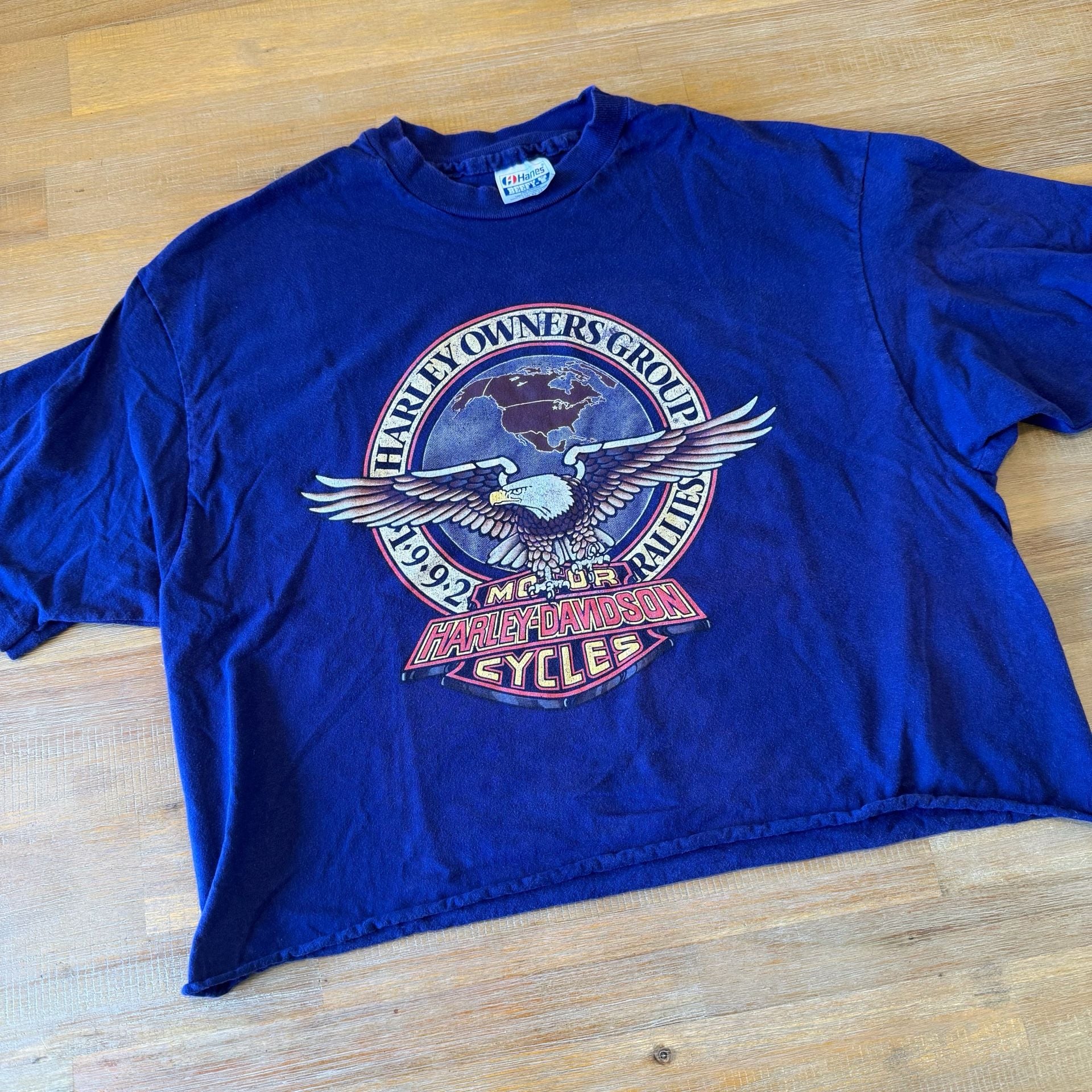 Vintage 1992 Harley Davidson Shirt Large Cropped Hanes Beefy T Reno Nevada Blue 2