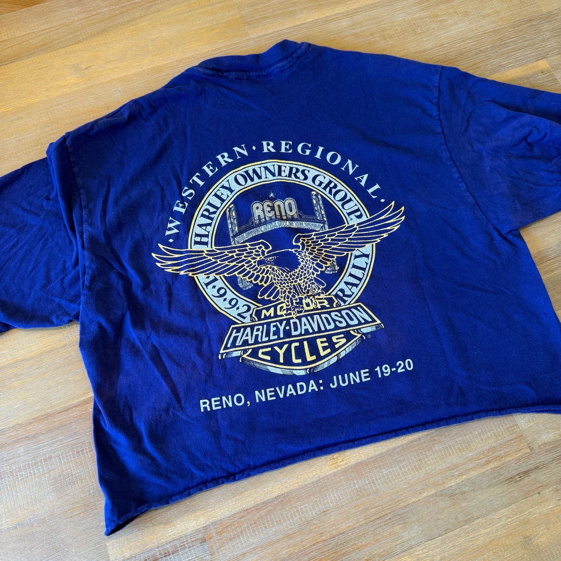 Vintage 1992 Harley Davidson Shirt Large Cropped Hanes Beefy T Reno Nevada Blue 3