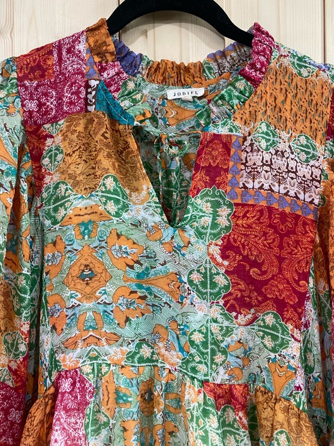Jodifl Patchwork Print Mini Dress Colorful Boho Long Sleeve large 5