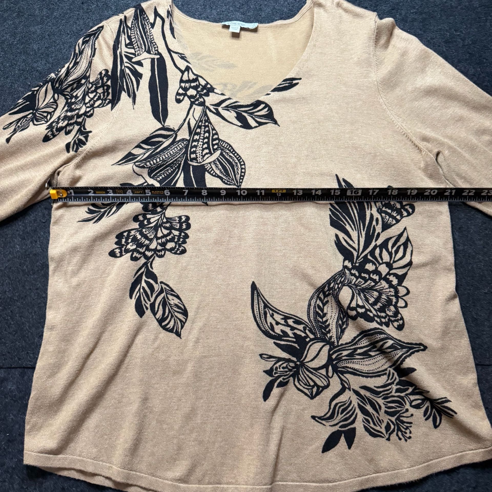 Chico's V-Neck Sweater Size 3 Tan Black Floral Long Sleeve 5