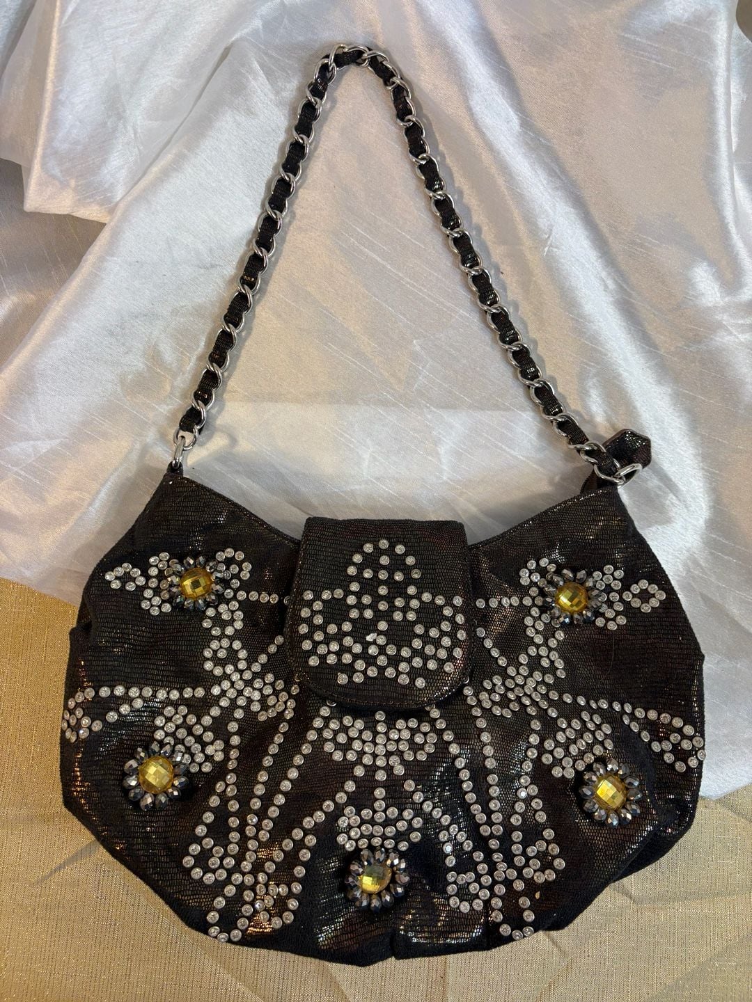 Rhinestone Embellished Black Metallic Shoulder Bag with Chain Strap 2