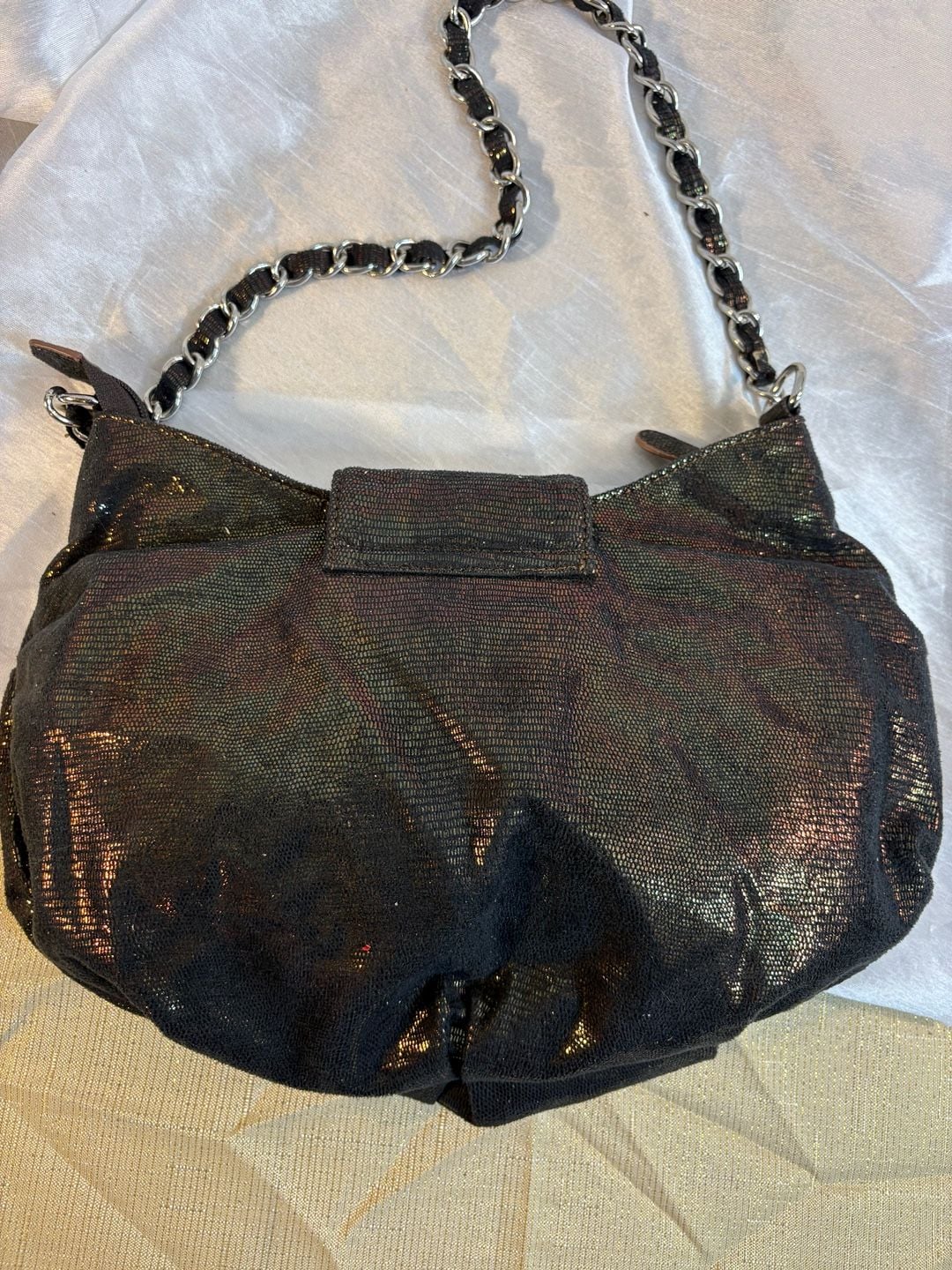 Rhinestone Embellished Black Metallic Shoulder Bag with Chain Strap 3