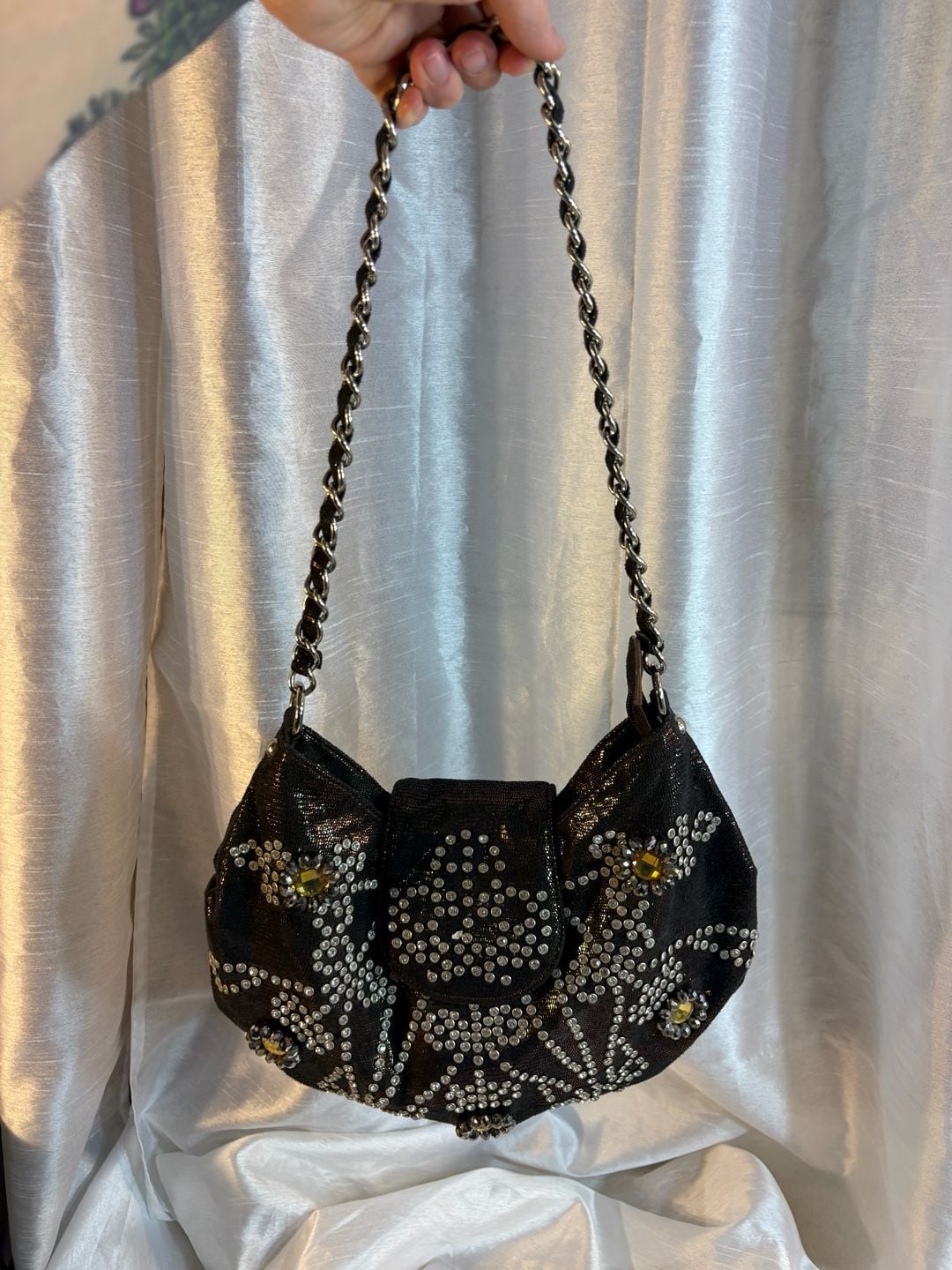 Rhinestone Embellished Black Metallic Shoulder Bag with Chain Strap 4