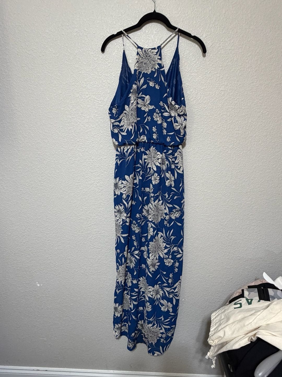 Lush Floral Maxi Dress Size M Blue White Halter V-Neck 6