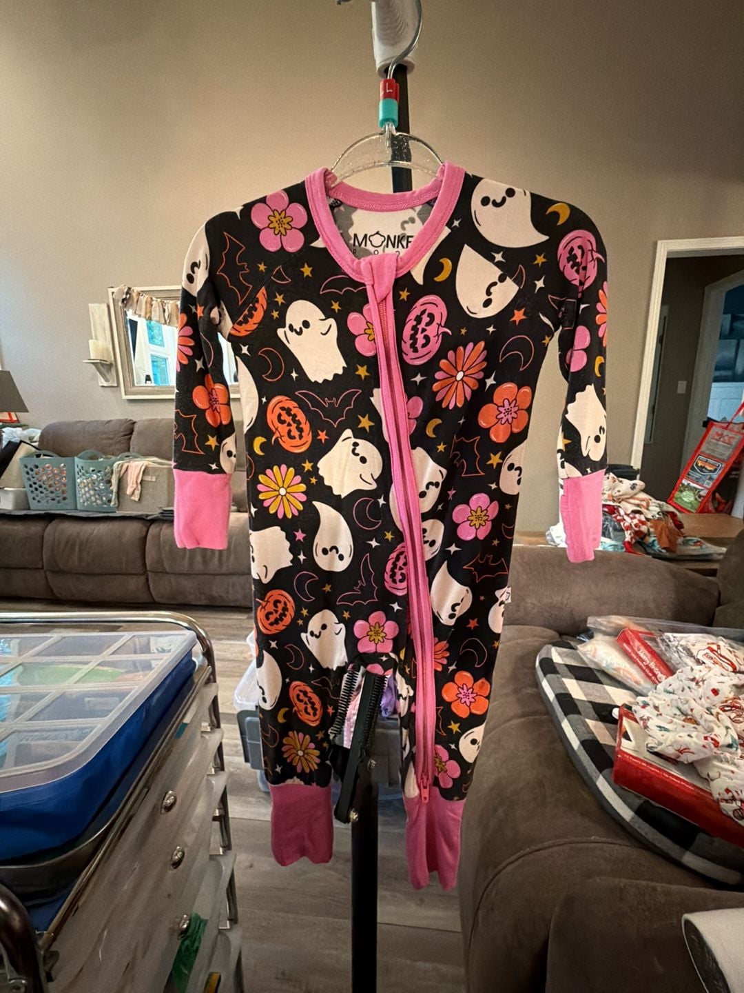 Monkee Roos Halloween Romper Size 0-3M Ghost Pumpkin Print Bamboo Zippy 2