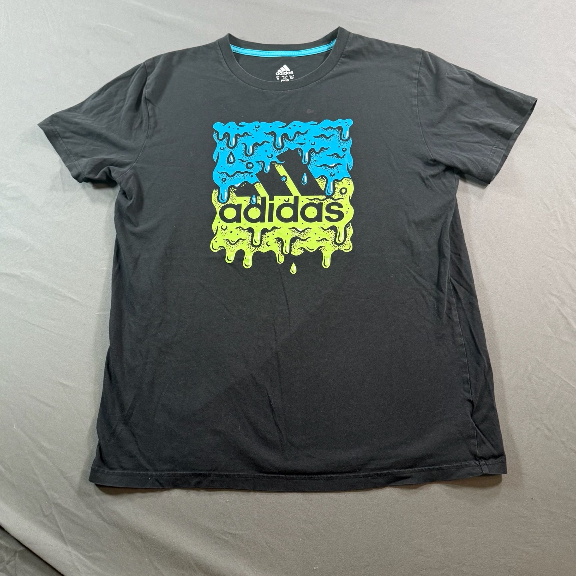 Adidas Boys XL 18/20 Black Drip Logo Graphic T-Shirt Blue Neon Green 2