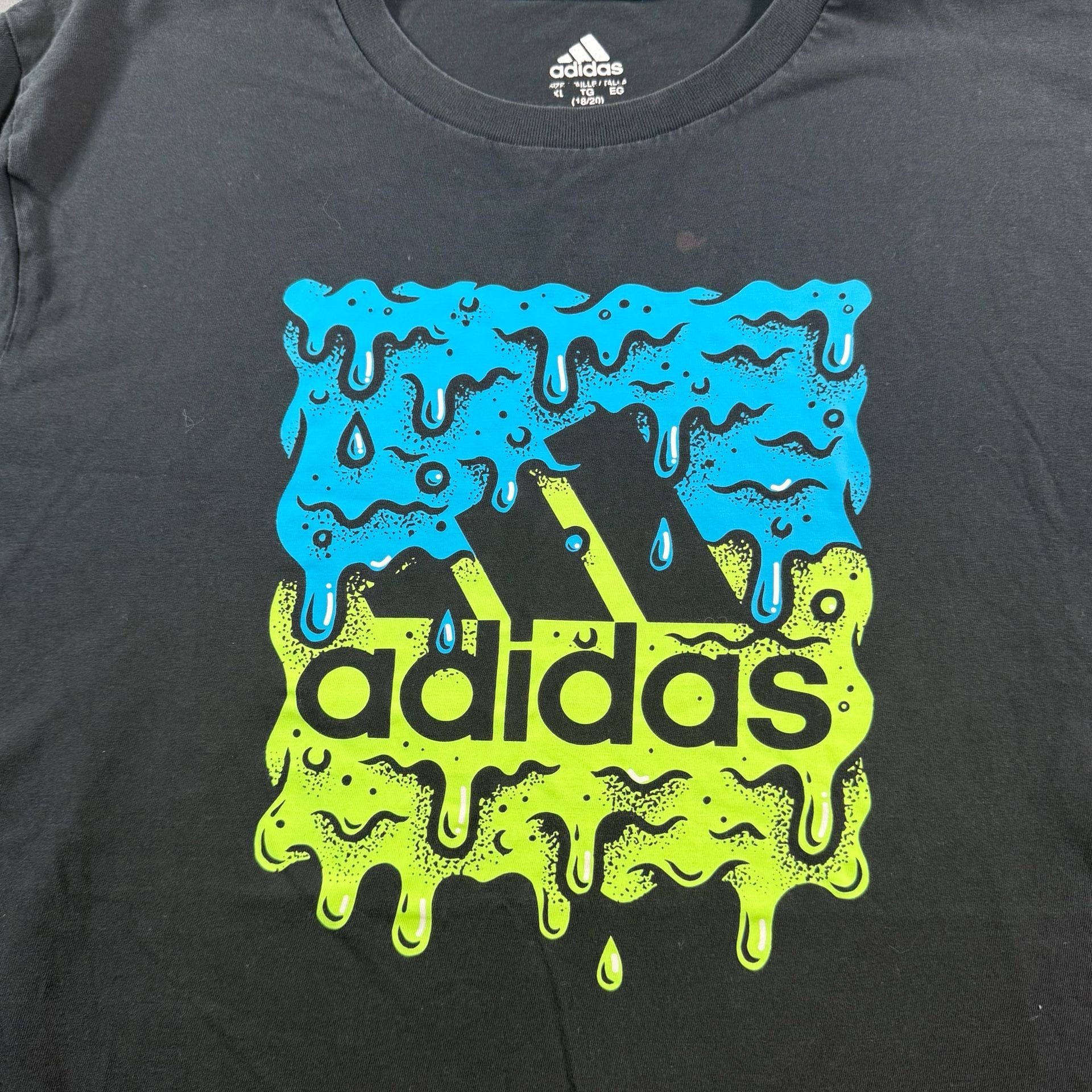 Adidas Boys XL 18/20 Black Drip Logo Graphic T-Shirt Blue Neon Green 3