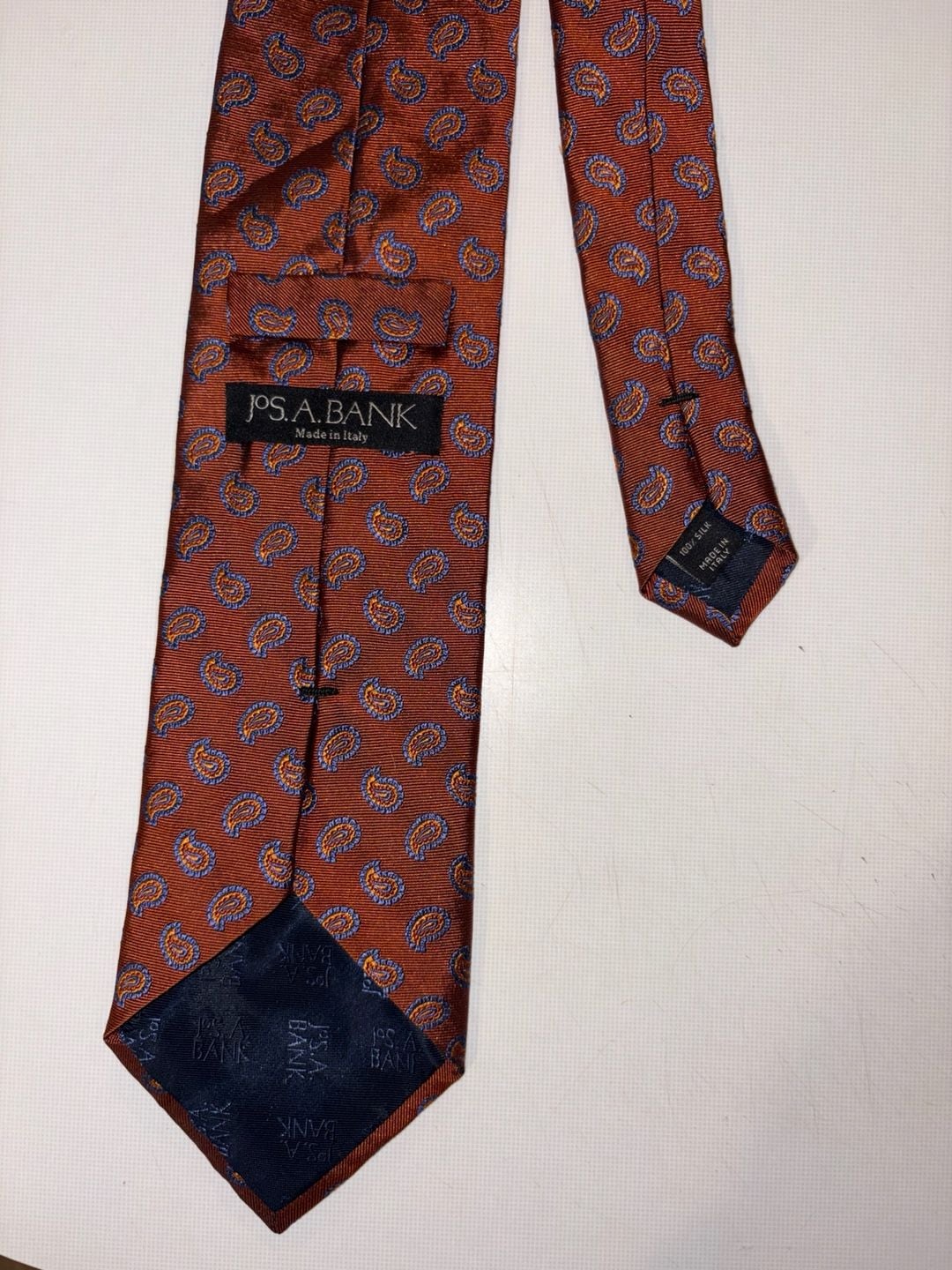Jos. A. Bank Silk Tie Red Orange Blue Paisley Medallion Made in Italy 5