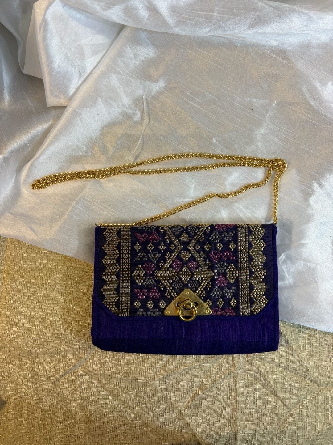 Thai Traditional Woven Silk Purple Gold Crossbody Bag 2