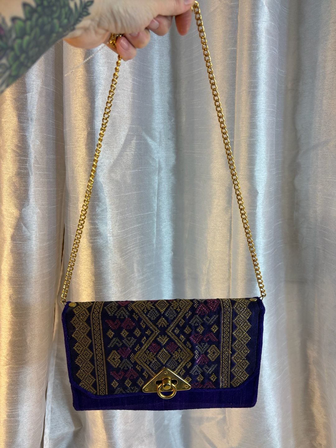 Thai Traditional Woven Silk Purple Gold Crossbody Bag 5